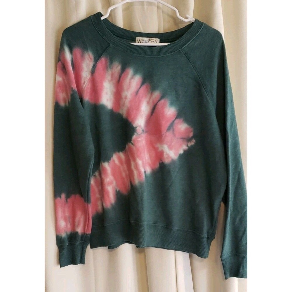 Wildfox Size Large Green Pink Tie Dye Sweatshirt Pullover Crewneck Raglan Cozy